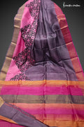 Nakshatrarekha - Grey & Pink Block Printed Zari Border Pure Tussar Silk Saree | dtzbhbp-129