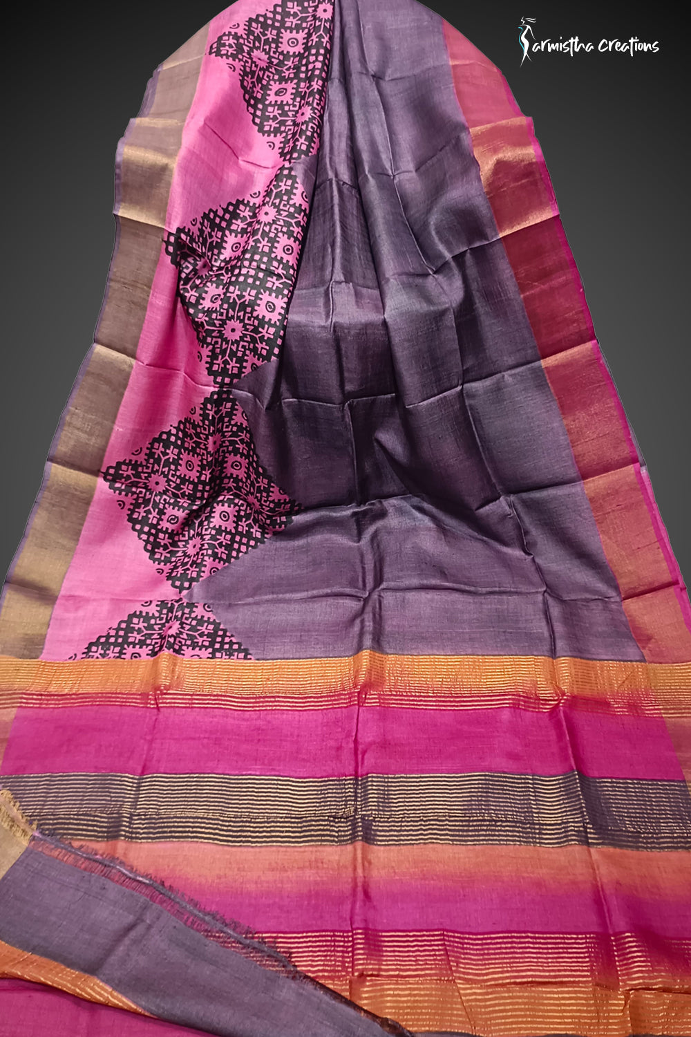 Nakshatrarekha - Grey & Pink Block Printed Zari Border Pure Tussar Silk Saree | dtzbhbp-129