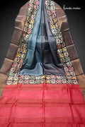 Meghrekha – Blue Grey Block Printed Zari Border Pure Tussar Silk Saree | dtzbhbp-132