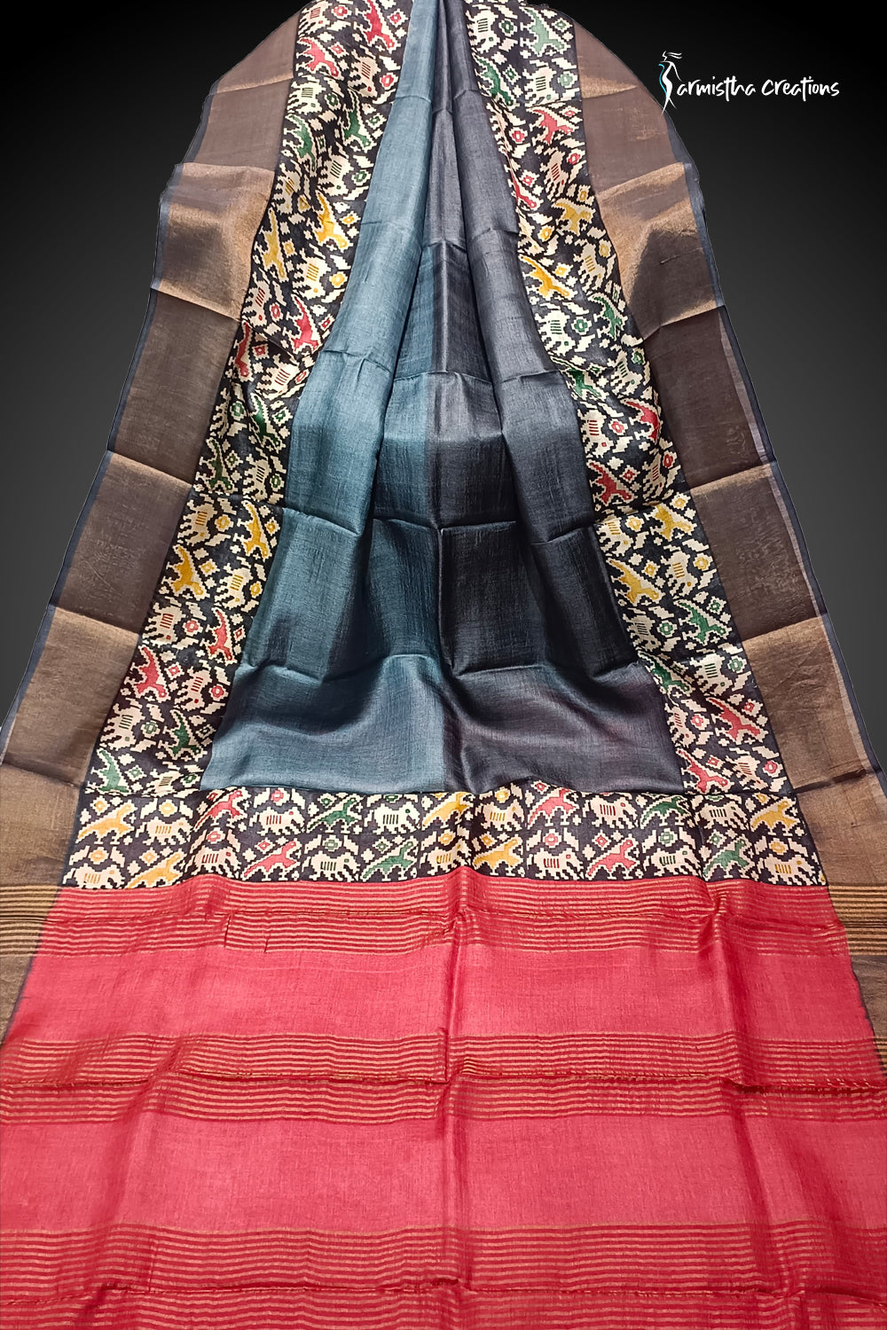 Meghrekha – Blue Grey Block Printed Zari Border Pure Tussar Silk Saree | dtzbhbp-132