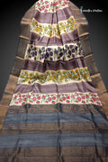 Pushpangan – Multicoloured Floral Block Printed Zari Border Pure Tussar Silk Saree | dtzbhbp-133