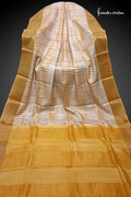 Swarnarekha – Ivory Geometric Block Printed Zari Border Pure Tussar Silk Saree | dtzbhbp-134