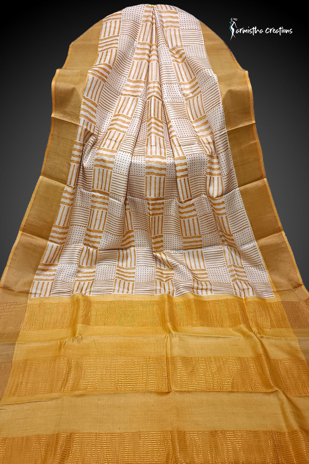 Swarnarekha – Ivory Geometric Block Printed Zari Border Pure Tussar Silk Saree | dtzbhbp-134
