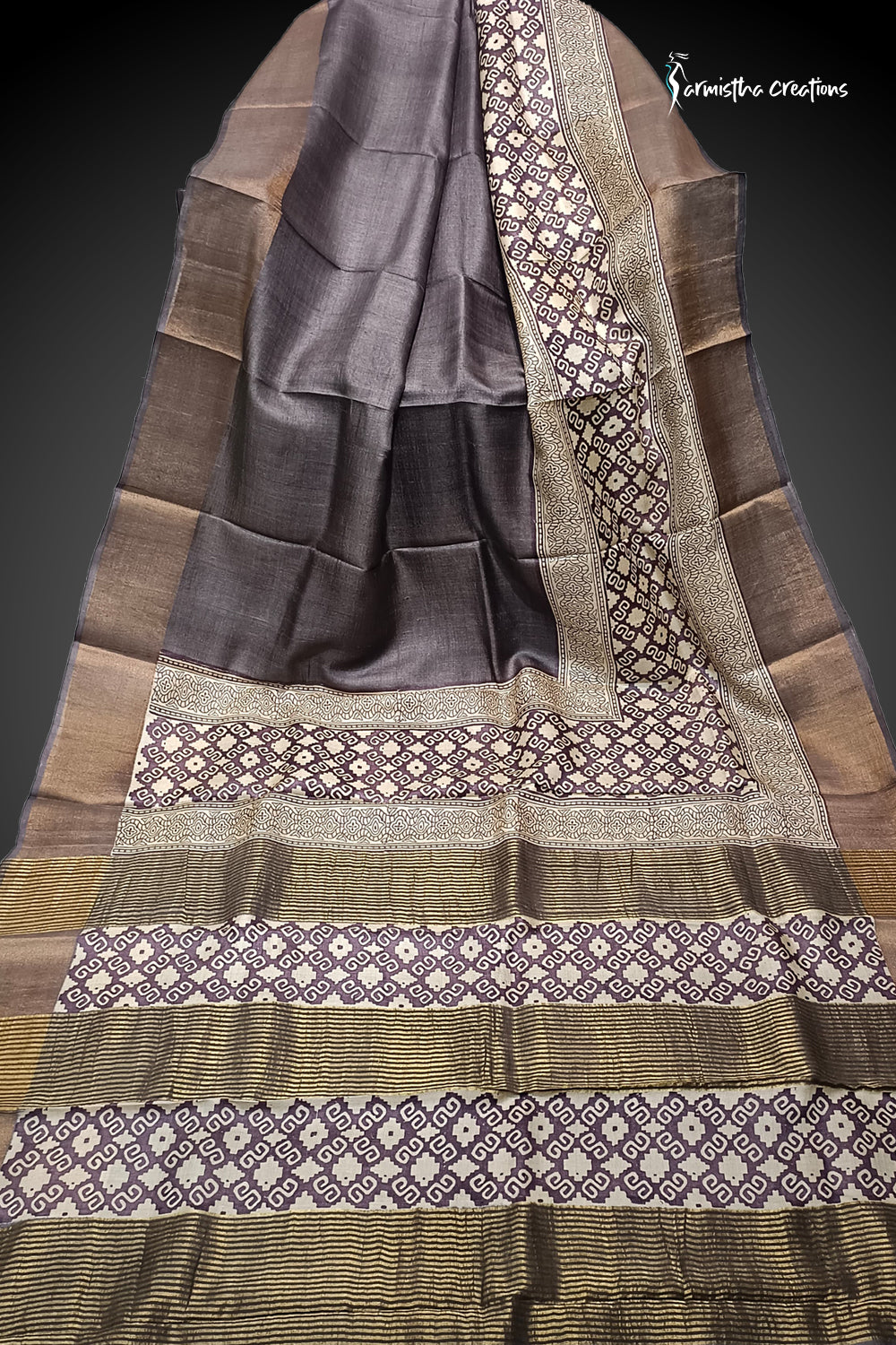 Mrinalini – Block Printed Zari Border Pure Tussar Silk Saree | dtzbhbp-135