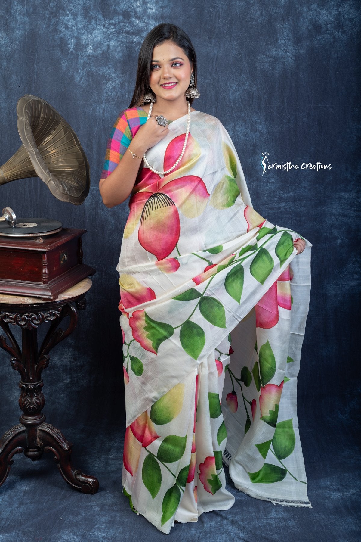 Spring Sonata – Hand-Painted Murshidabad Silk Saree | hbpms-031 image 0