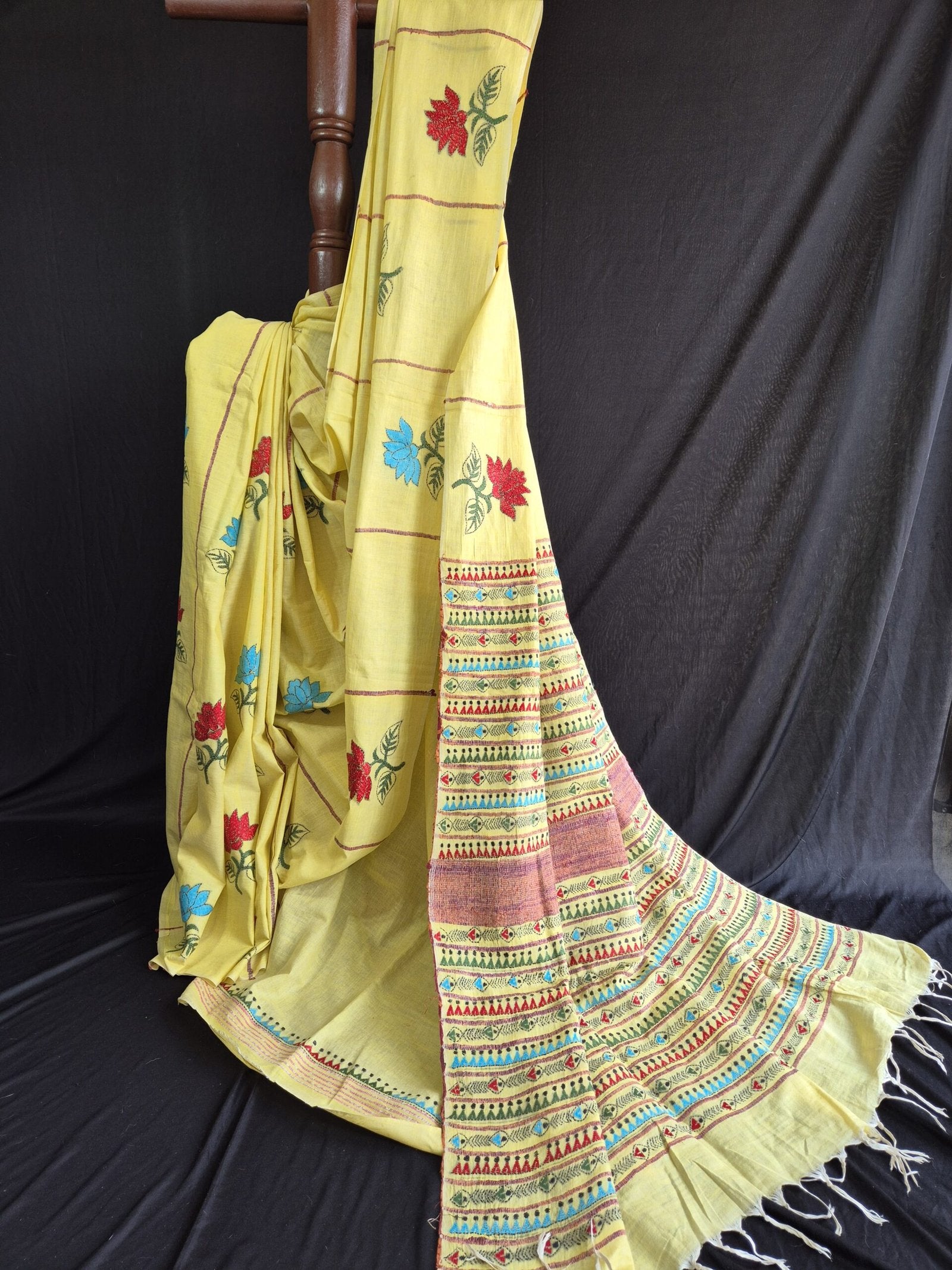 Yellow Khesh Cotton Kantha Stitch Saree image 0