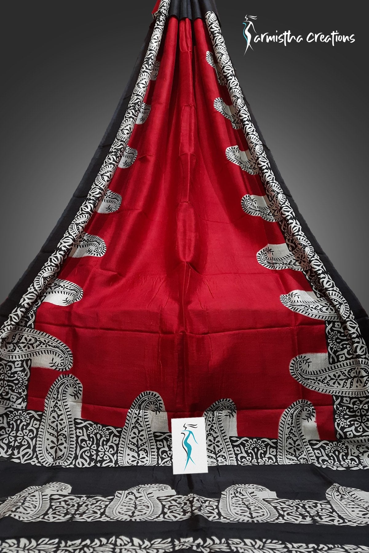 Murshidabad Silk Saree in Red With Hand Block Printed Motifs in Black hbpms-014 image 2