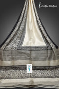 Black Floral and Abstract Motifs on Off White Murshidabad Silk Saree | hbpms-018 image 0