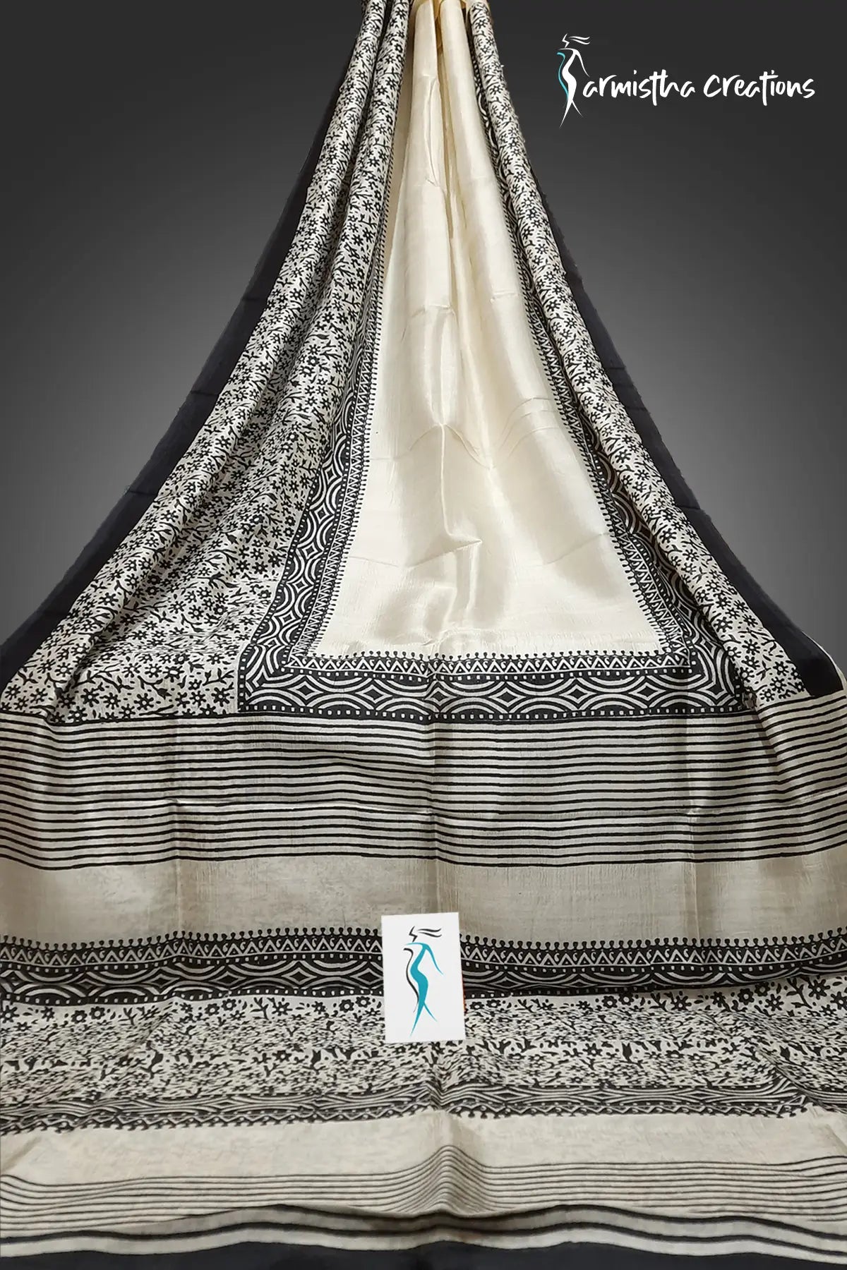 Black Floral and Abstract Motifs on Off White Murshidabad Silk Saree | hbpms-018 image 0