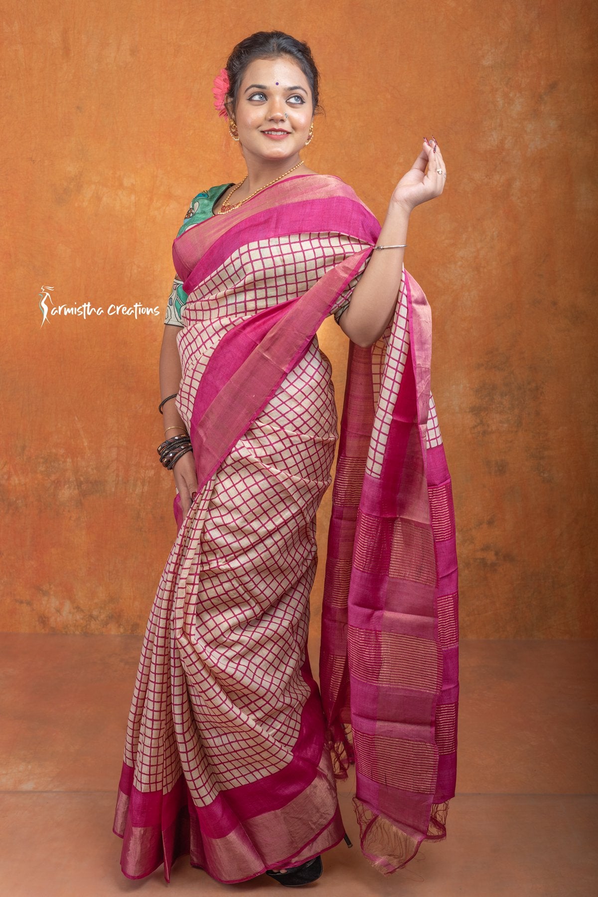 Zari Border Pure Tussar Silk Saree With Hand-Block Printing dtzbhbp-057 image 4