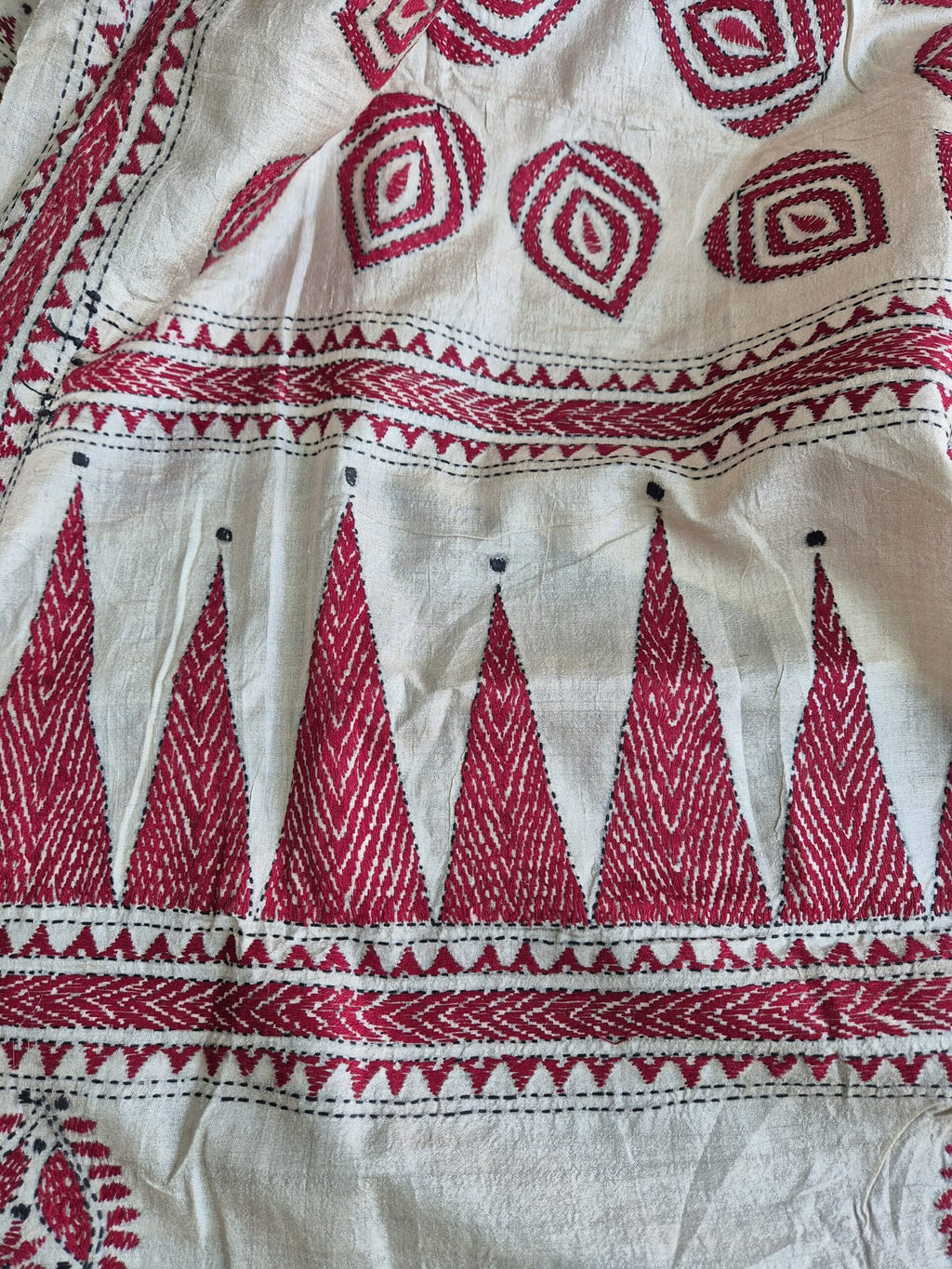 Temple Border &amp; Flower Kantha Stitch on Undyed Pure Tussar image 2