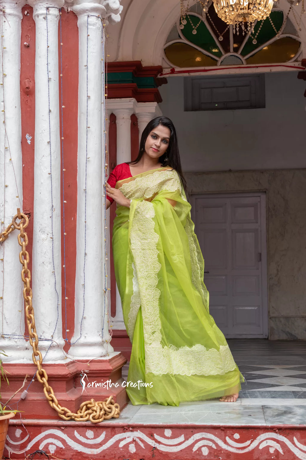 Organza Silk Saree with Embroidery work (Fluorescent Green) image 0