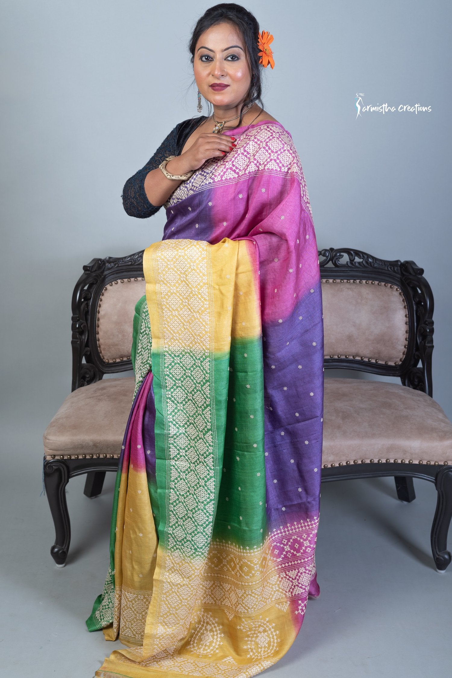 Multicolor Tussar Kutchwork Saree ptkw-003 image 1