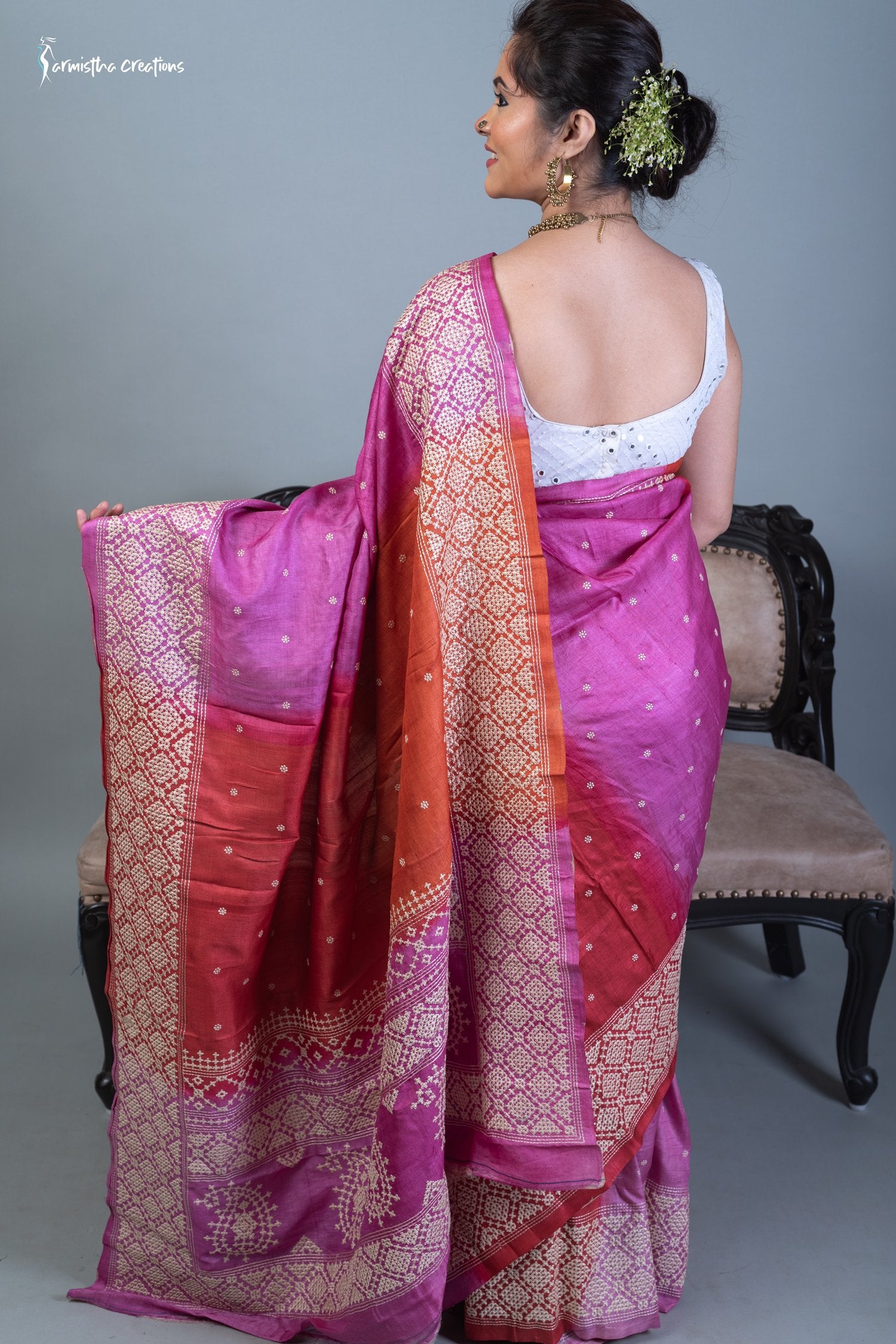 Tussar Kutchwork Saree in Orange and Pink ptkw-001 image 2