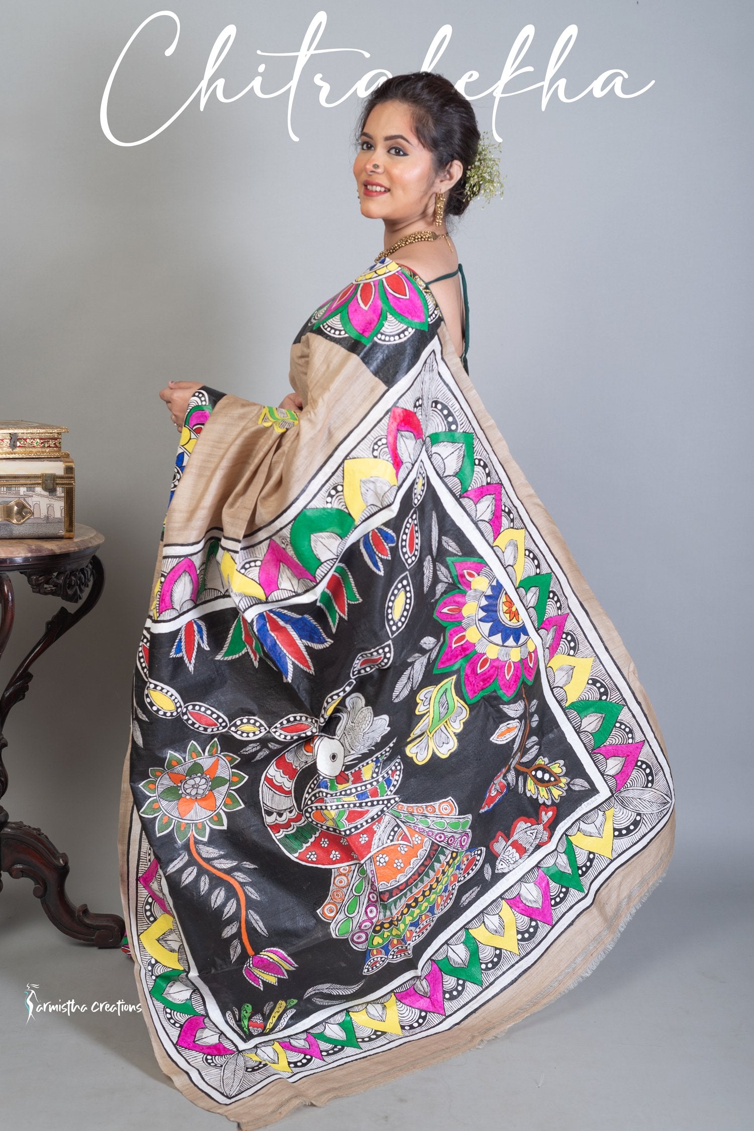 Modhulekha- Hand-painted patachitra fusing madhubani style on Raghunathpur Tussar image 0