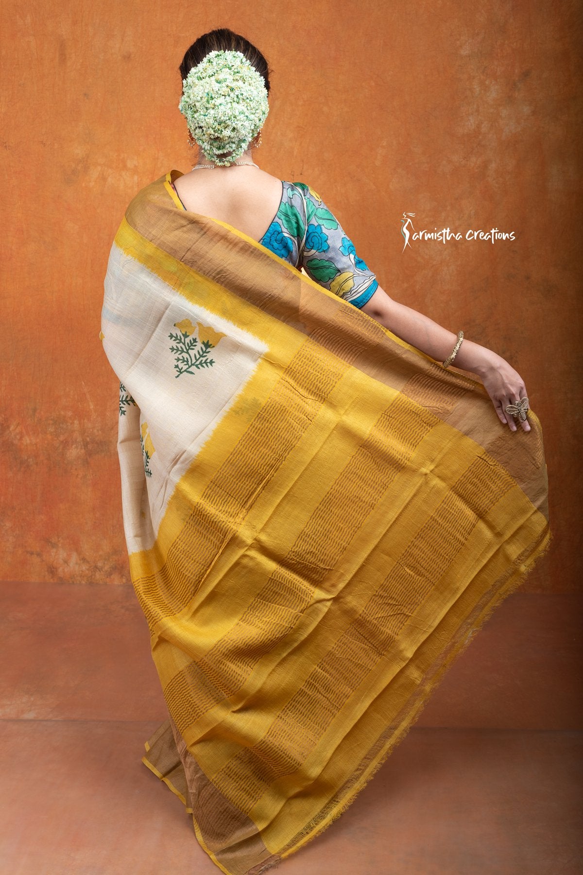 Zari Border Pure Tussar Silk Saree With Hand-Block Printing dtzbhbp-122 image 2