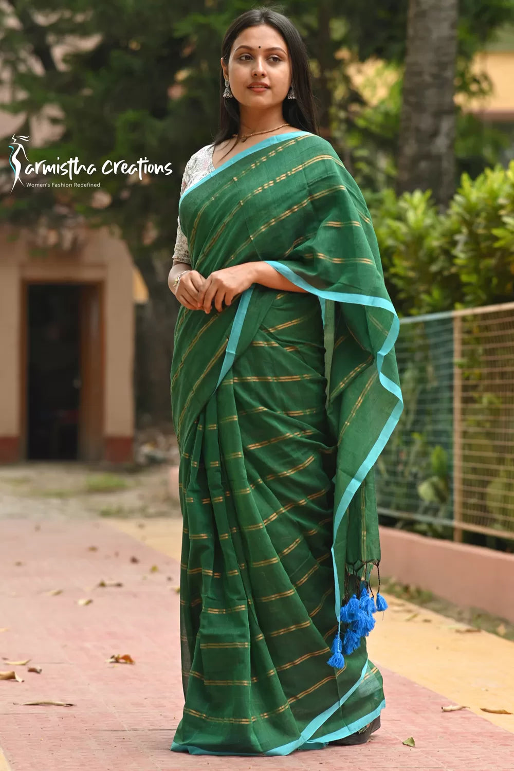 Pure Mal Cotton Saree with Copper Zari Green image 0