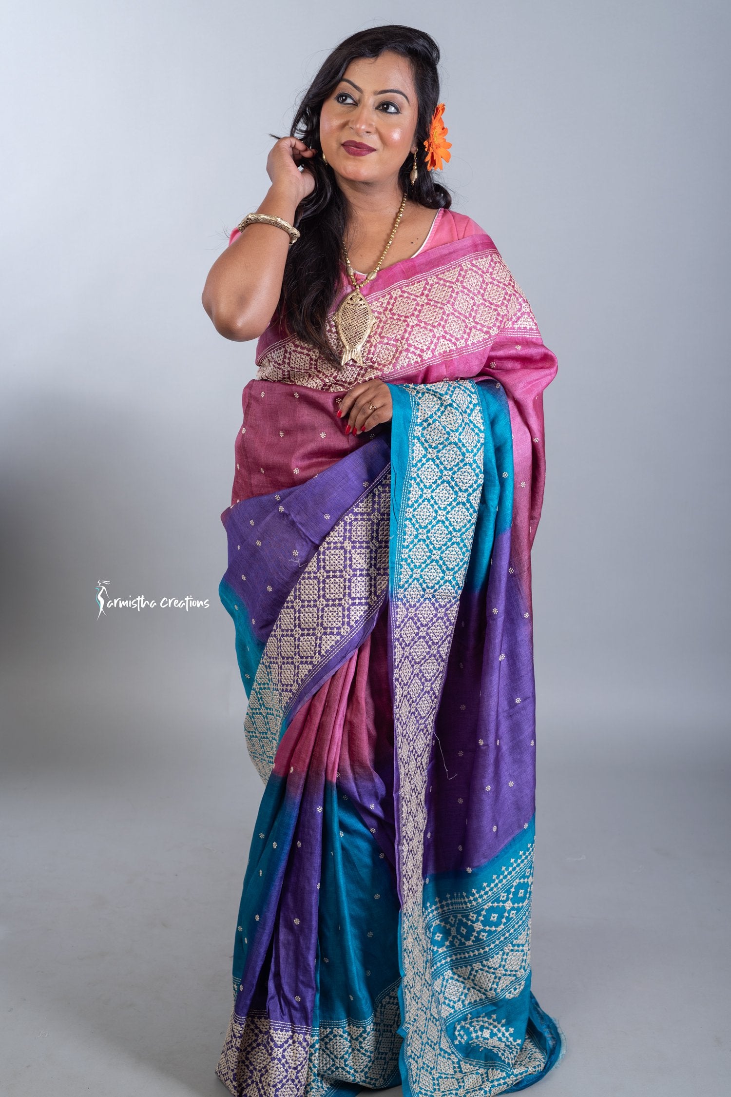 Multicoloured Tussar Kutchwork Saree ptkw-007 image 0