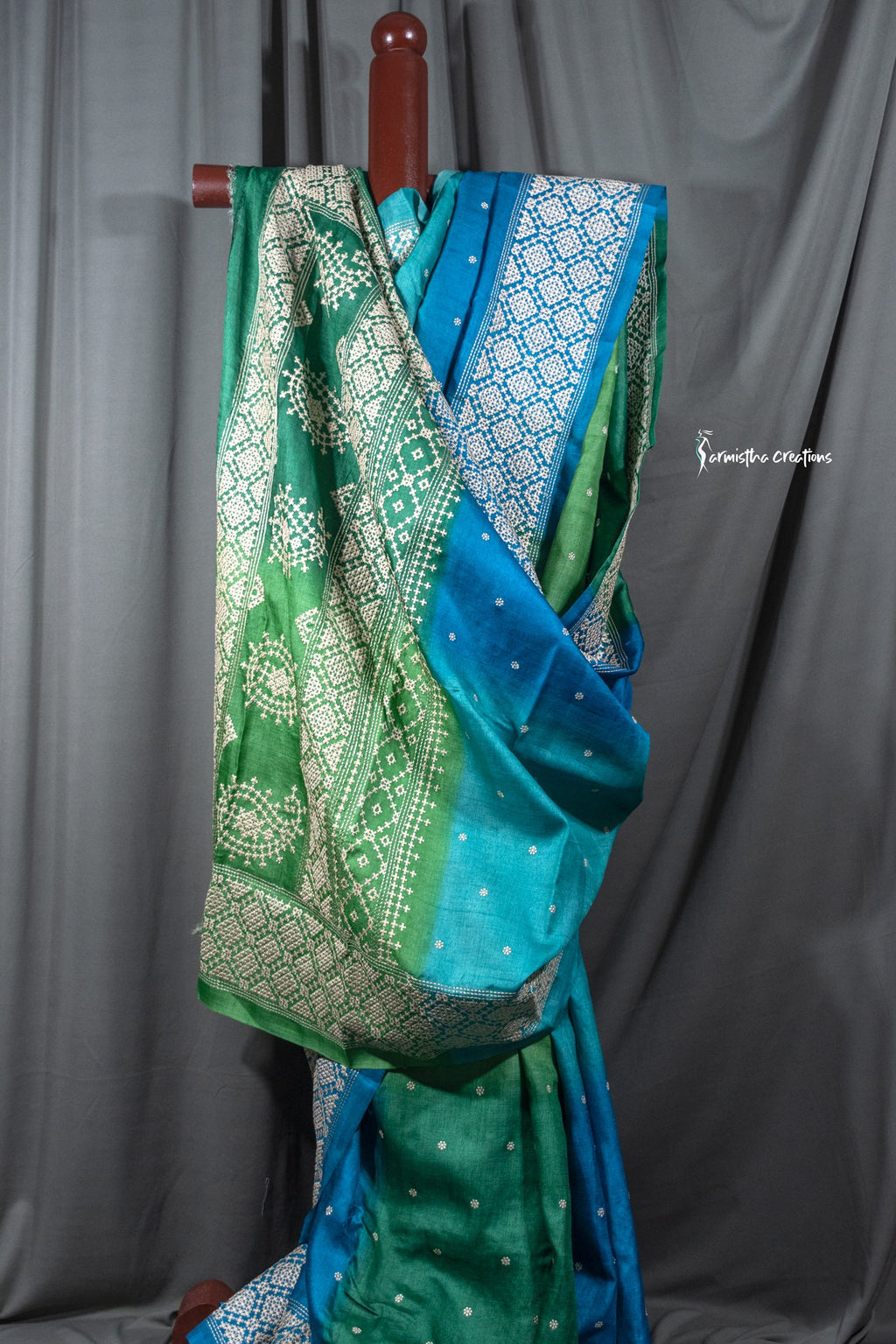Teal and Green Tussar Kutchwork Saree ptkw-005 image 1