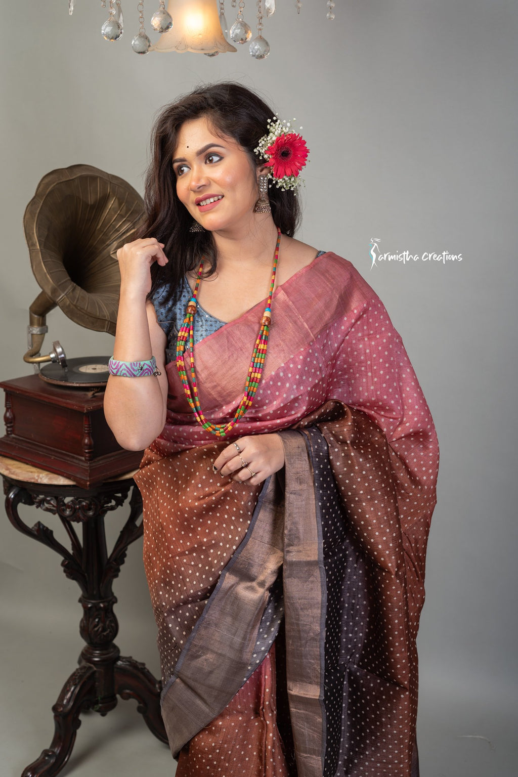 Zari Border Pure Desi Tussar Silk Saree With Hand-Block Printing dtzbhbp-049 image 1
