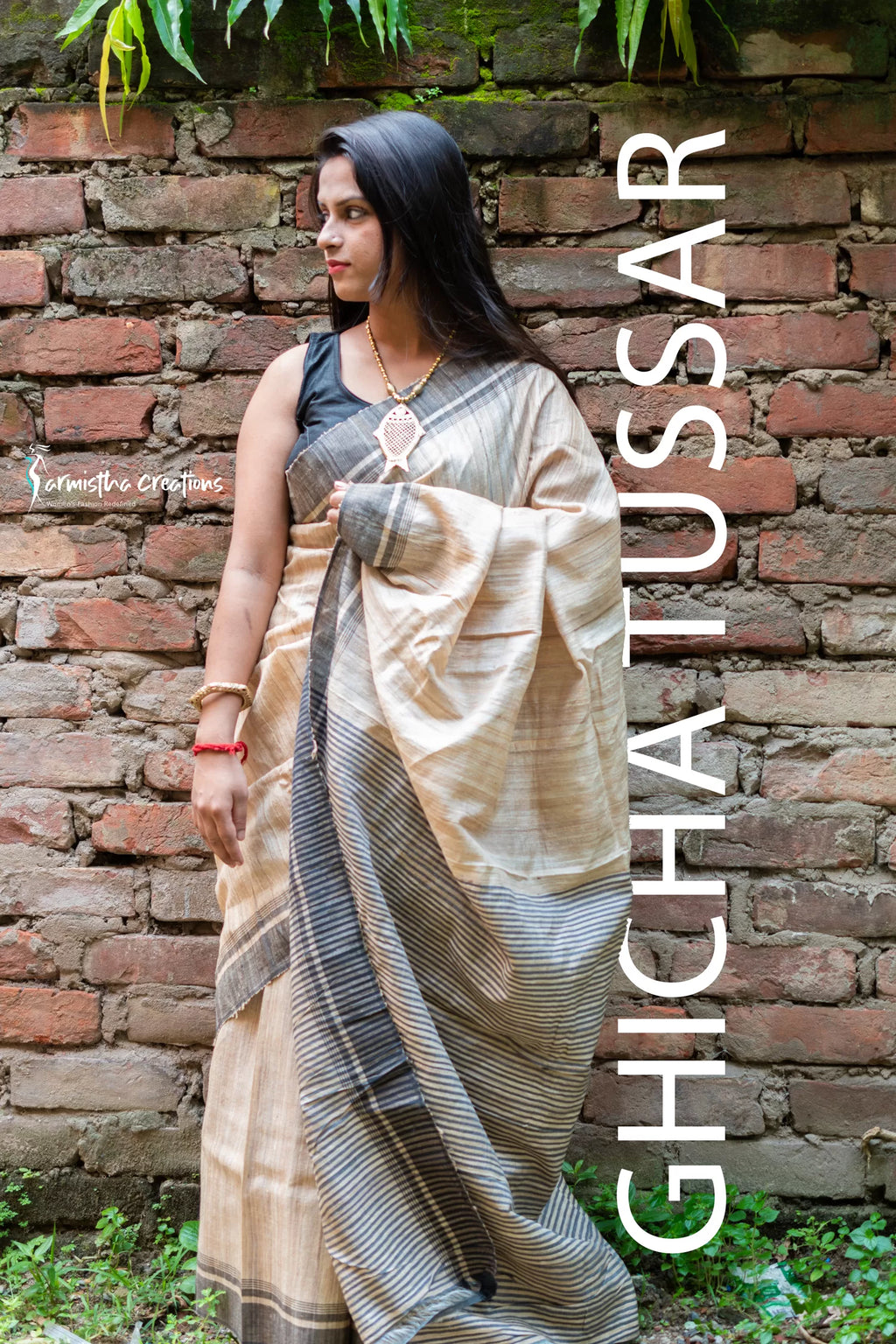 Ghicha Tussar Saree with Black Weaved Border image 3
