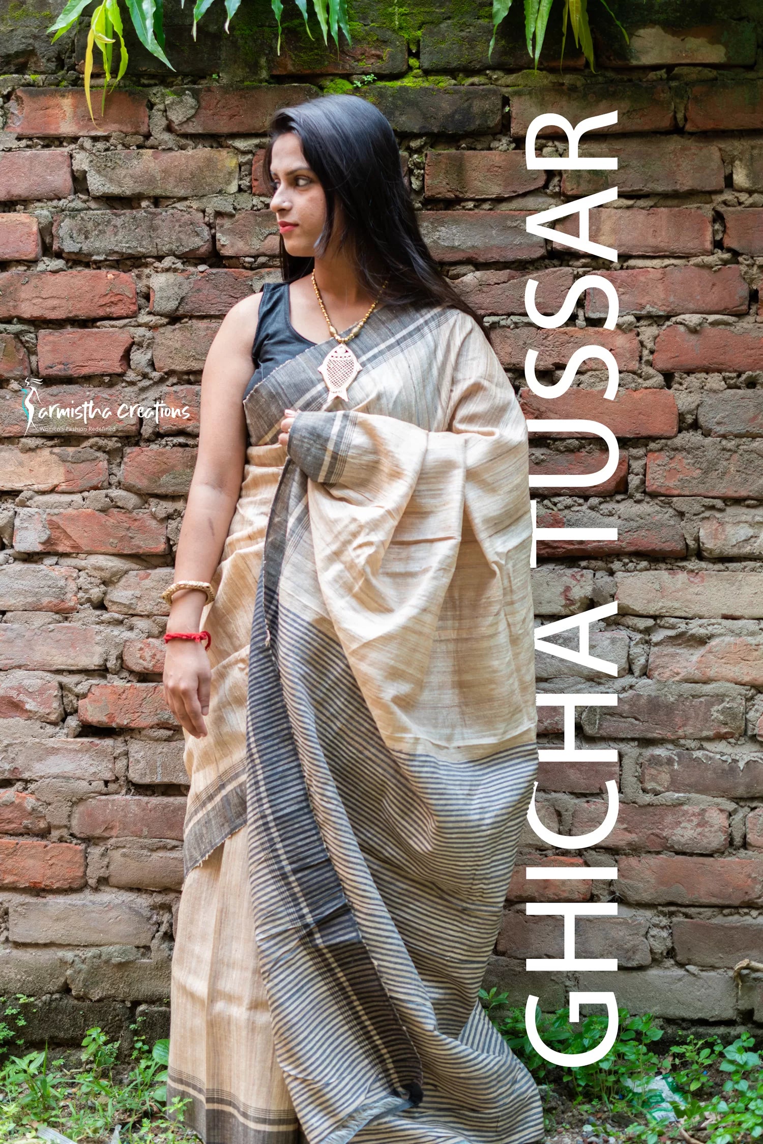 Ghicha Tussar Saree with Black Weaved Border image 3