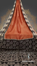 Murshidabad Silk Saree with Hand Block Printing Tropical Peach, Black and Natural Silk Hues image 0