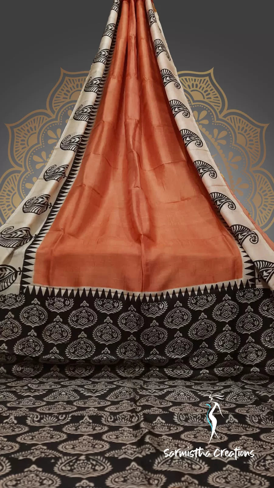 Murshidabad Silk Saree with Hand Block Printing Tropical Peach, Black and Natural Silk Hues image 0