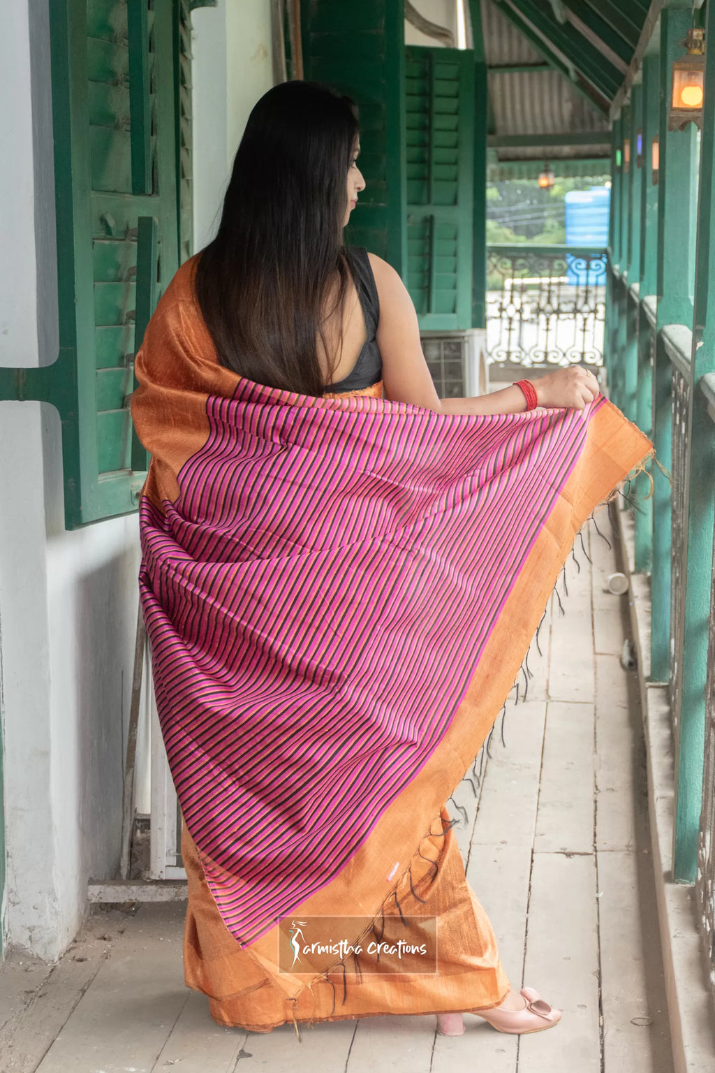 Pure Desi Tussar Silk Saree With Weaved Stripe Border (Orange with Pink & Black image 2