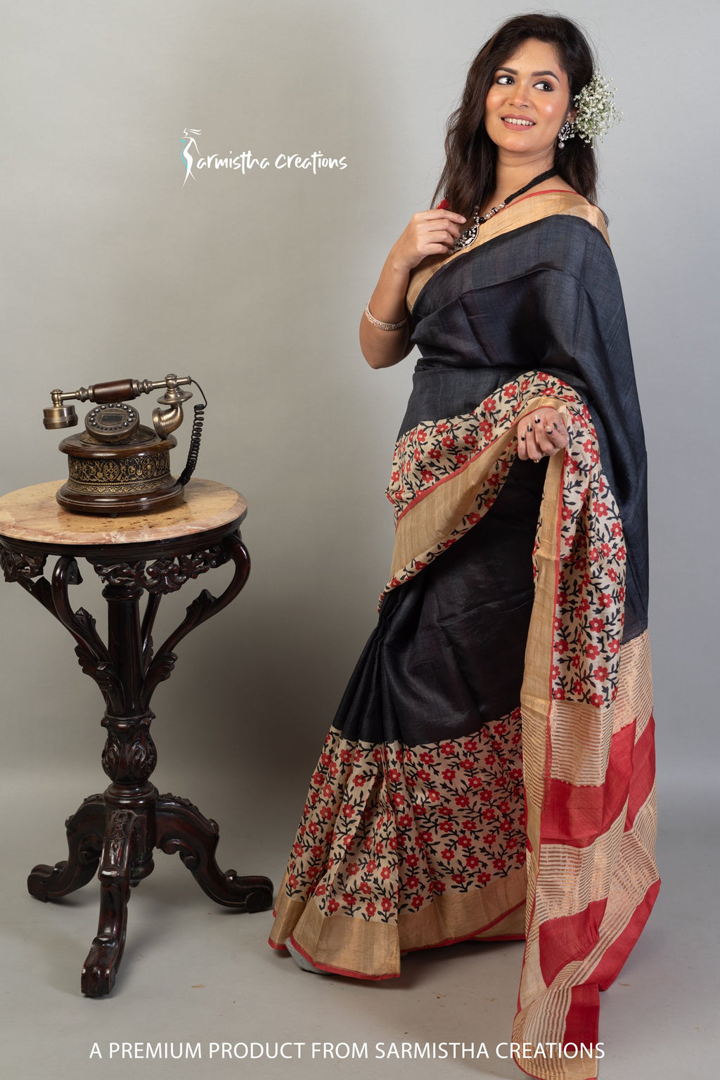 Zari Border Pure Desi Tussar Silk Saree With Hand-Block Printing dtzbhbp-018 image 1