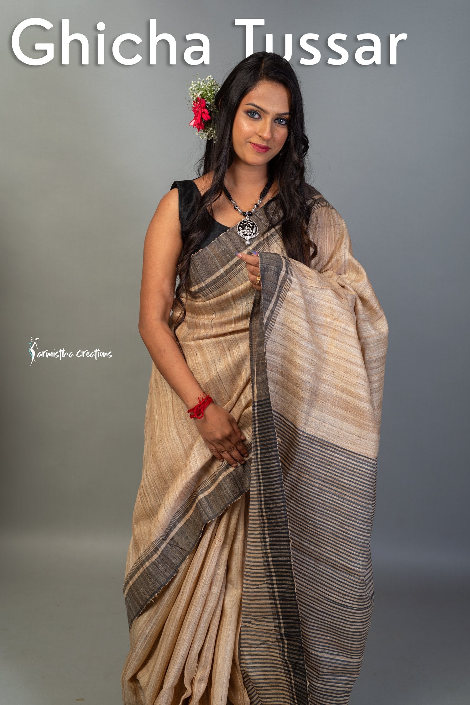 Ghicha Tussar Saree with Black Weaved Border image 0