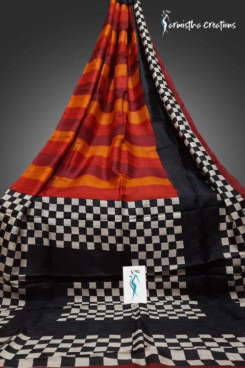 Checkmate in Vermilion – Hand-block Printed Murshidabad Silk Saree | hbpms-025 image 0
