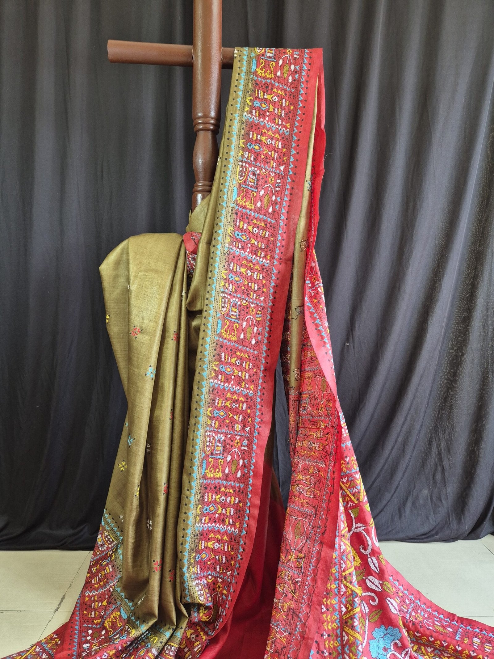 Stunning Kantha Stitch Saree on Pure Tussar (Mehendi Green &amp; Red) image 0