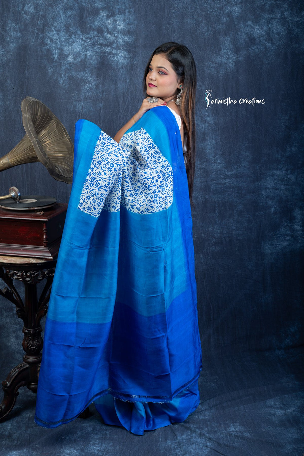 Azure Bloom &amp; Midnight Tide - Hand-block Printed Murshidabad Silk Saree | hbpms-029 image 3