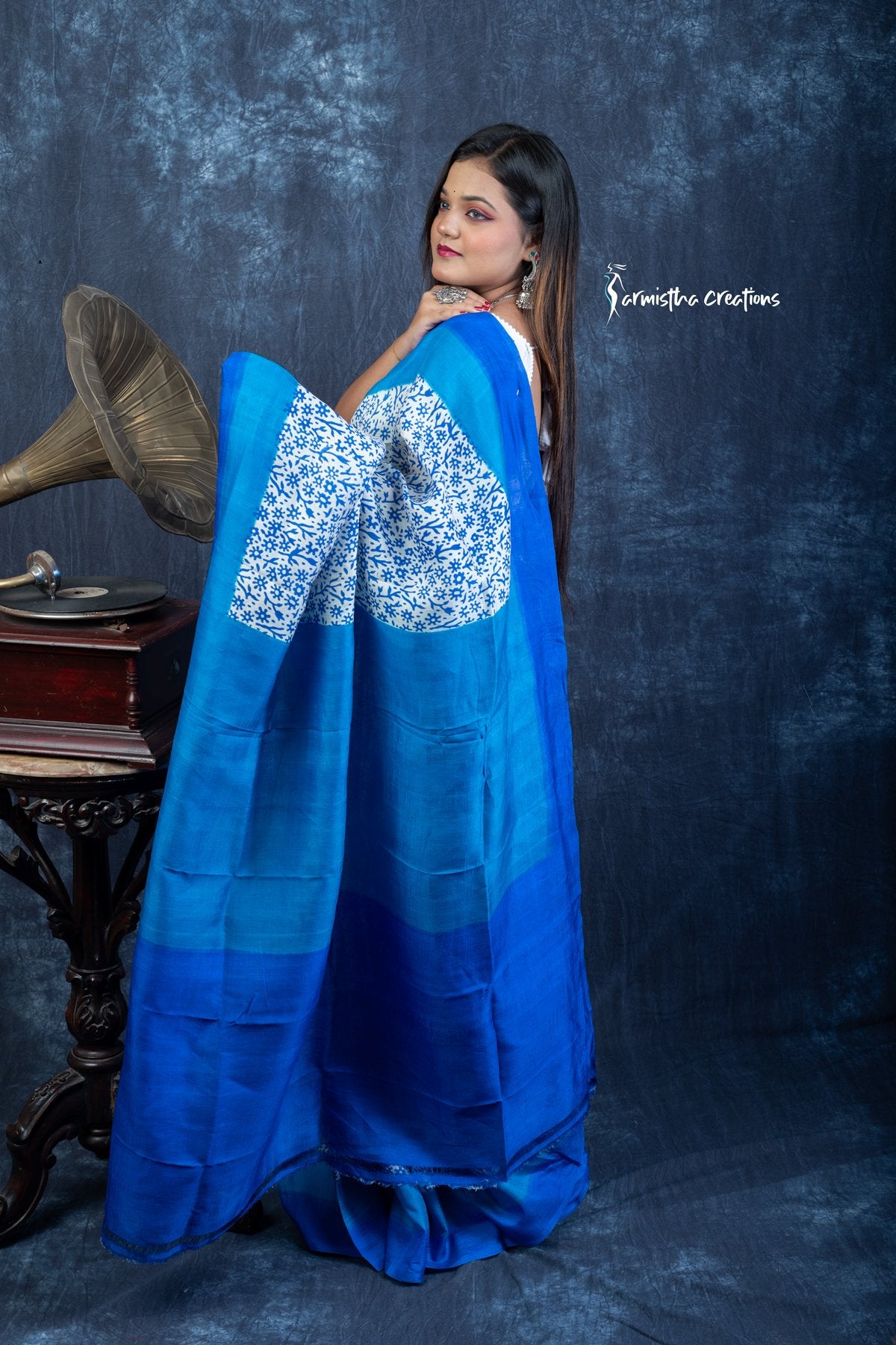 Azure Bloom &amp; Midnight Tide - Hand-block Printed Murshidabad Silk Saree | hbpms-029 image 3