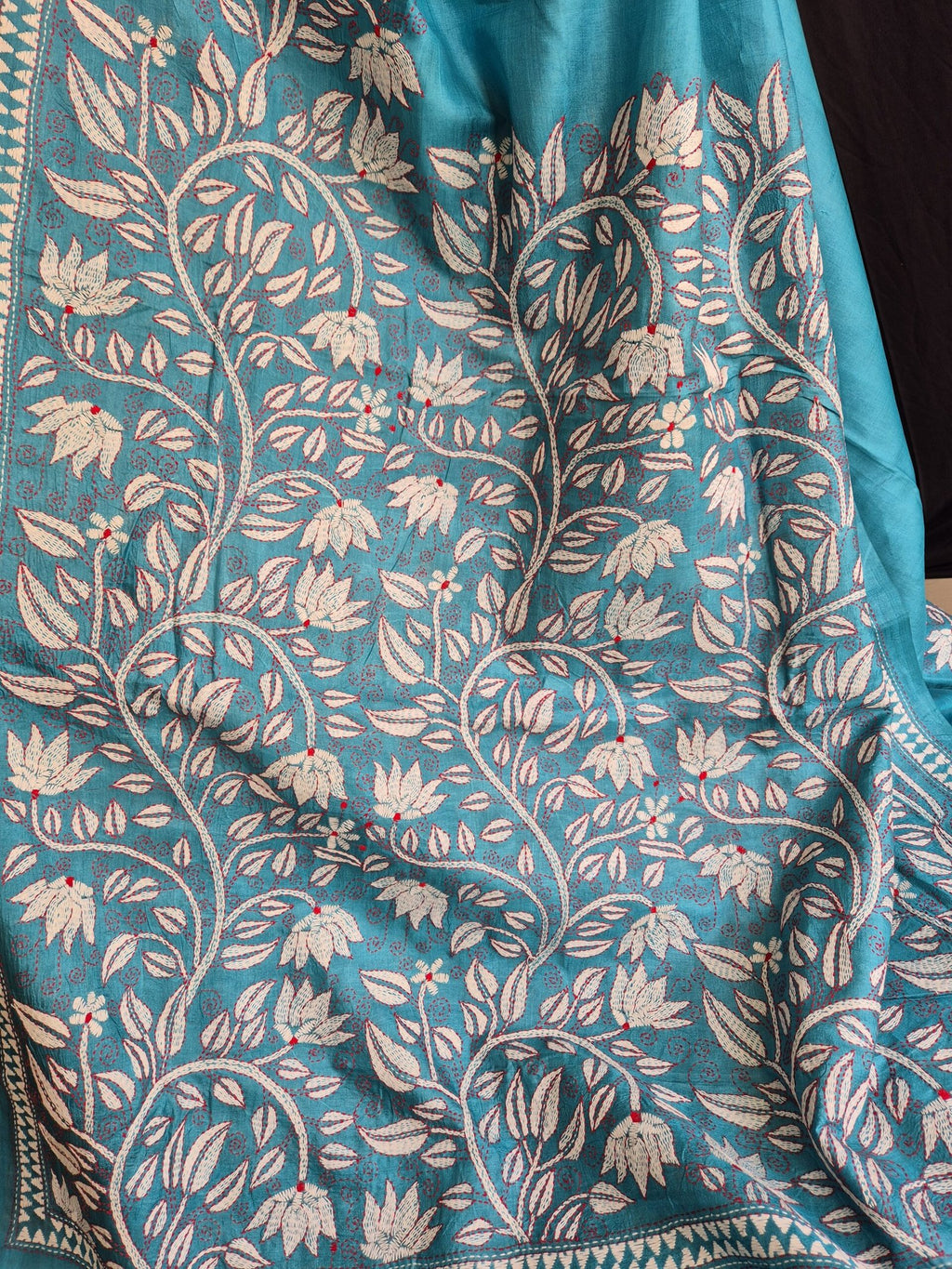 Teal Blue Kantha Stitch Saree on Pure Tussar image 4