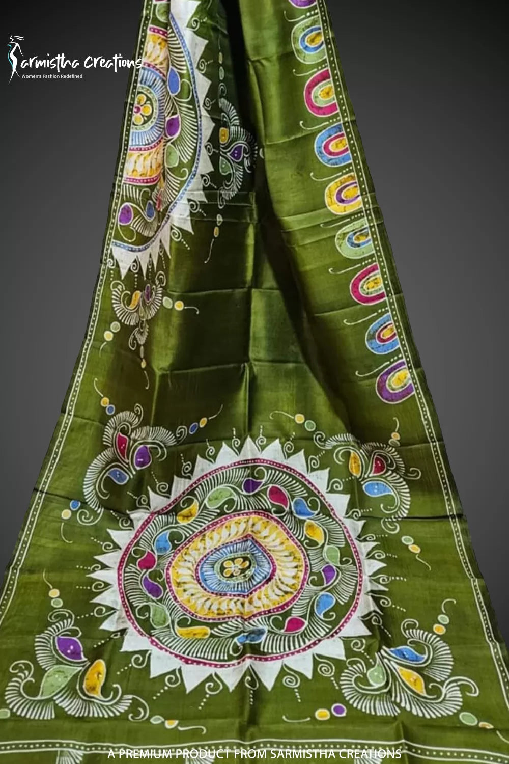 Bishnupuri Silk Saree With Hand Batik Work bssp-012 (Green) image 0