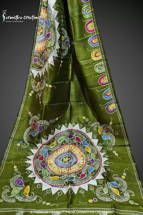 Bishnupuri Silk Saree With Hand Batik Work bssp-012 (Green) image 0
