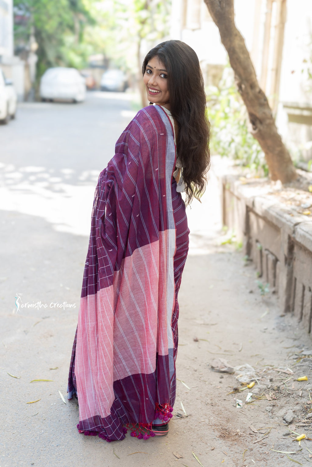 Handloom Cotton Saree with Checks and Stripes Purple image 1