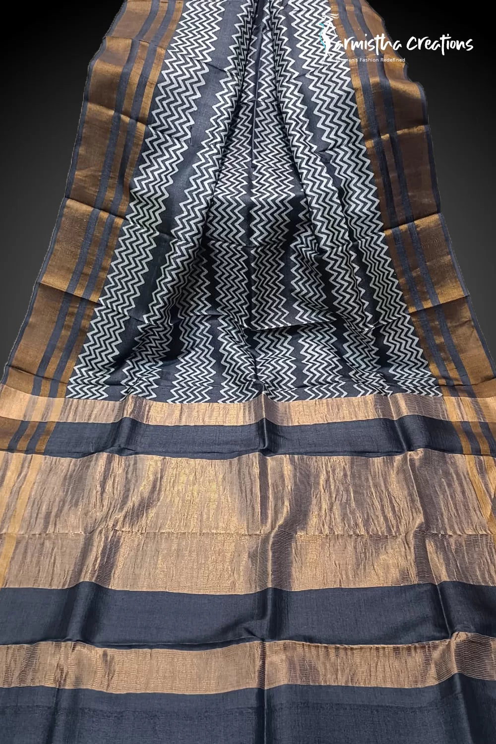 Zari Border Pure Desi Tussar Silk Saree With Hand-Block Printing dtzbhbp-033 image 0