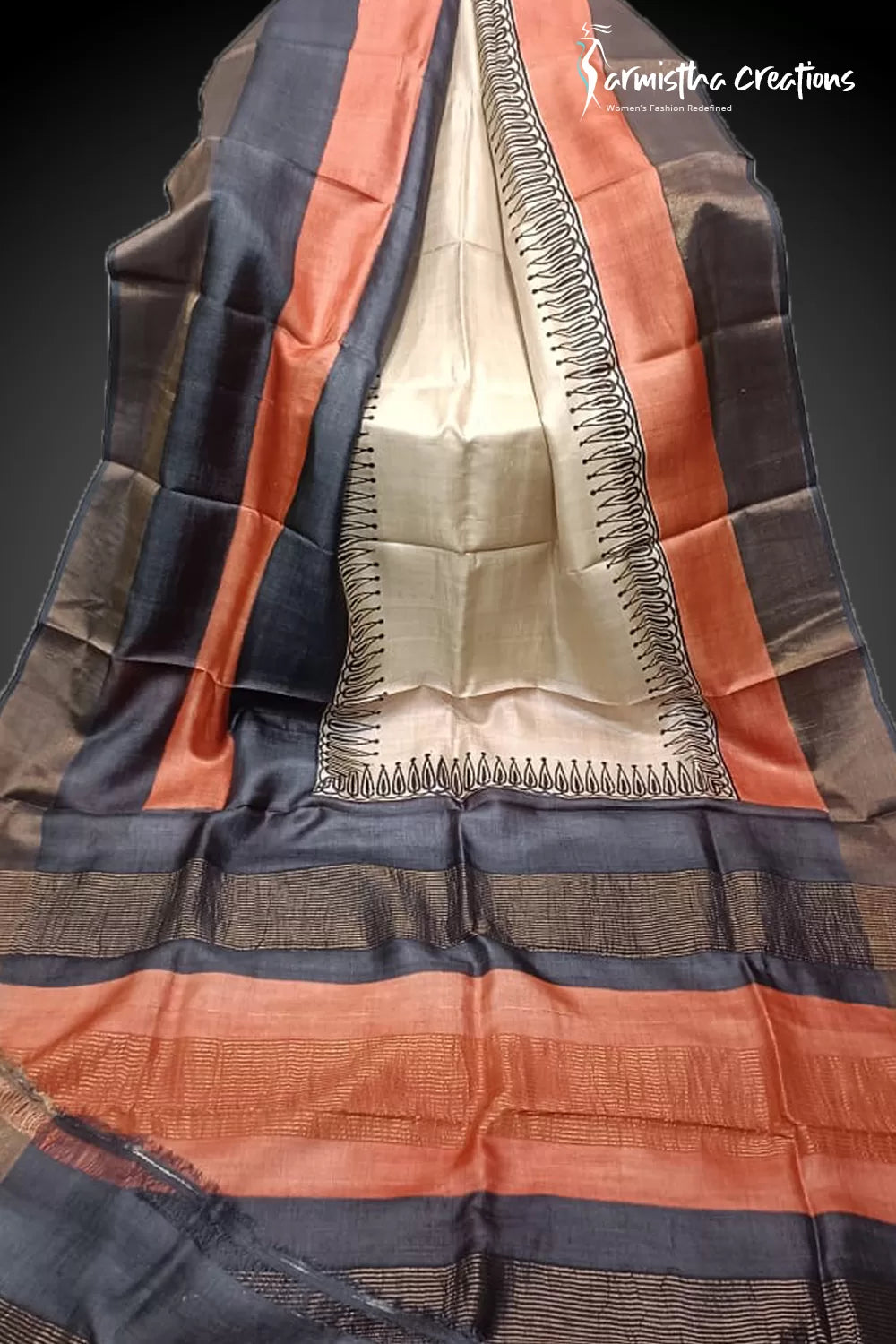 Zari Border Pure Desi Tussar Silk Saree With Hand-Block Printing dtzbhbp-019 image 0