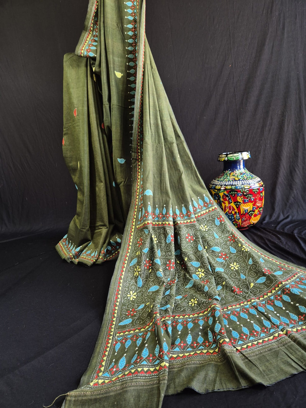 Kantha Stitch on Green Dhonekhali Cotton Saree image 0