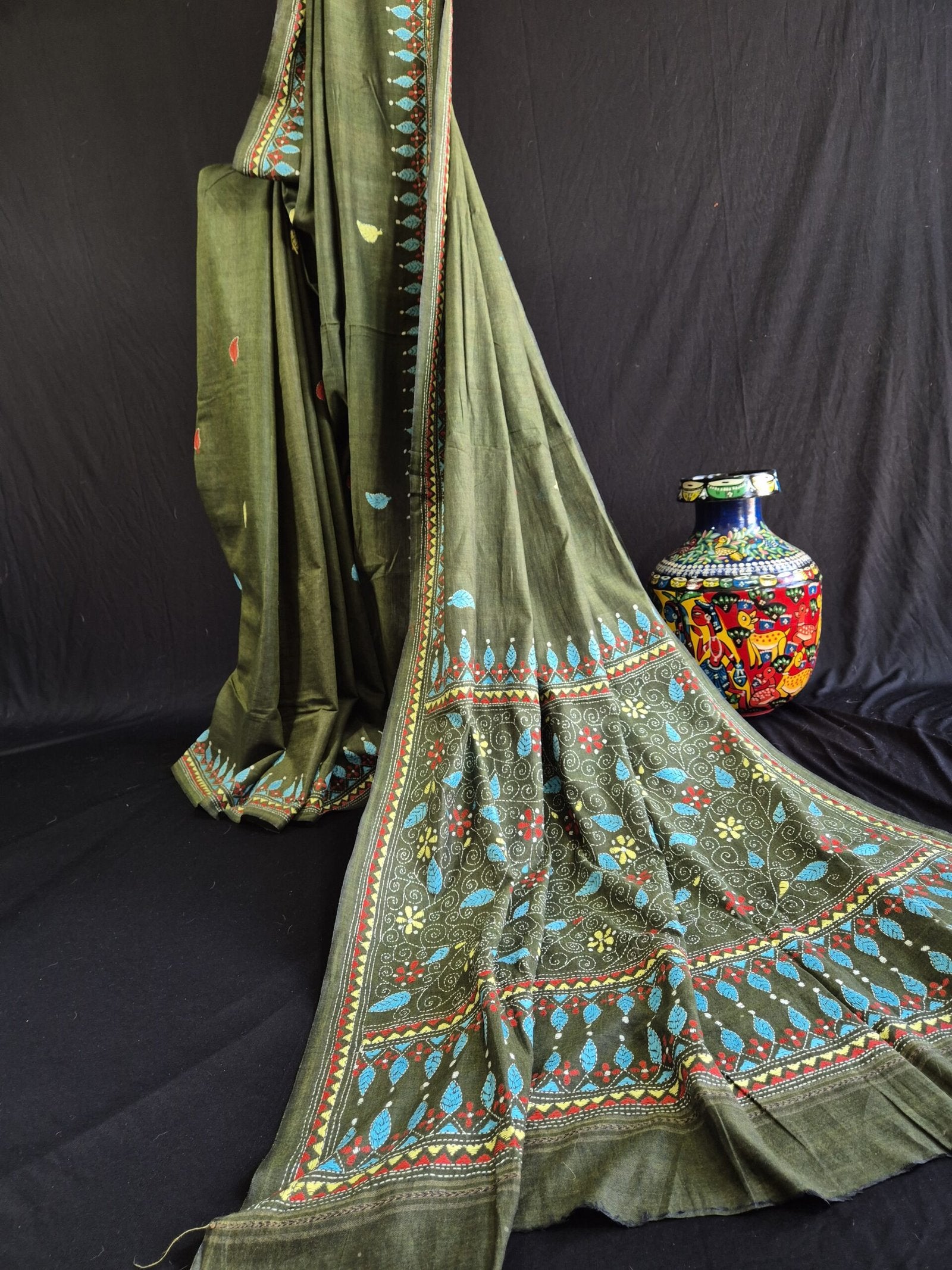 Kantha Stitch on Green Dhonekhali Cotton Saree image 0