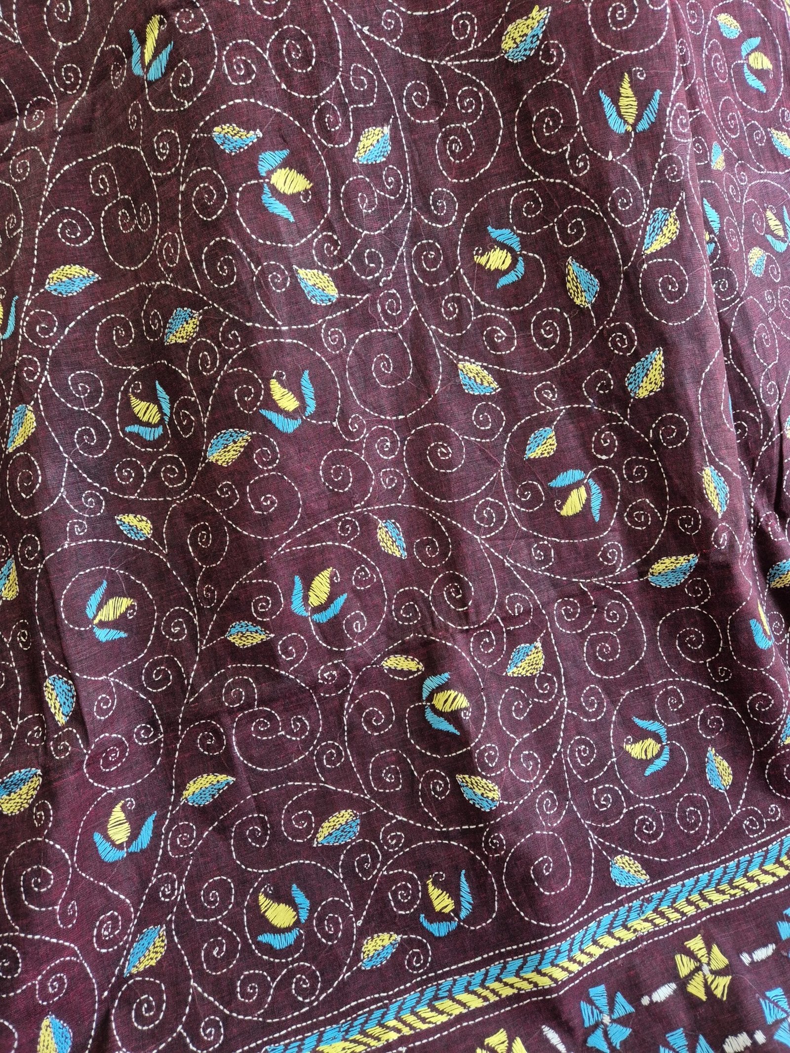 Kantha Stitch on Wine Dhonekhali Cotton Saree image 2