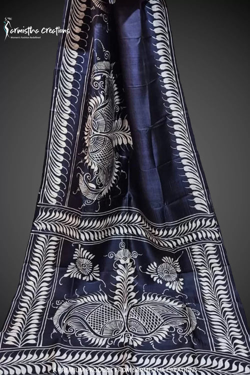 Bishnupuri Silk Saree With Hand Batik Work bssp-008 (Ink Blue) image 0