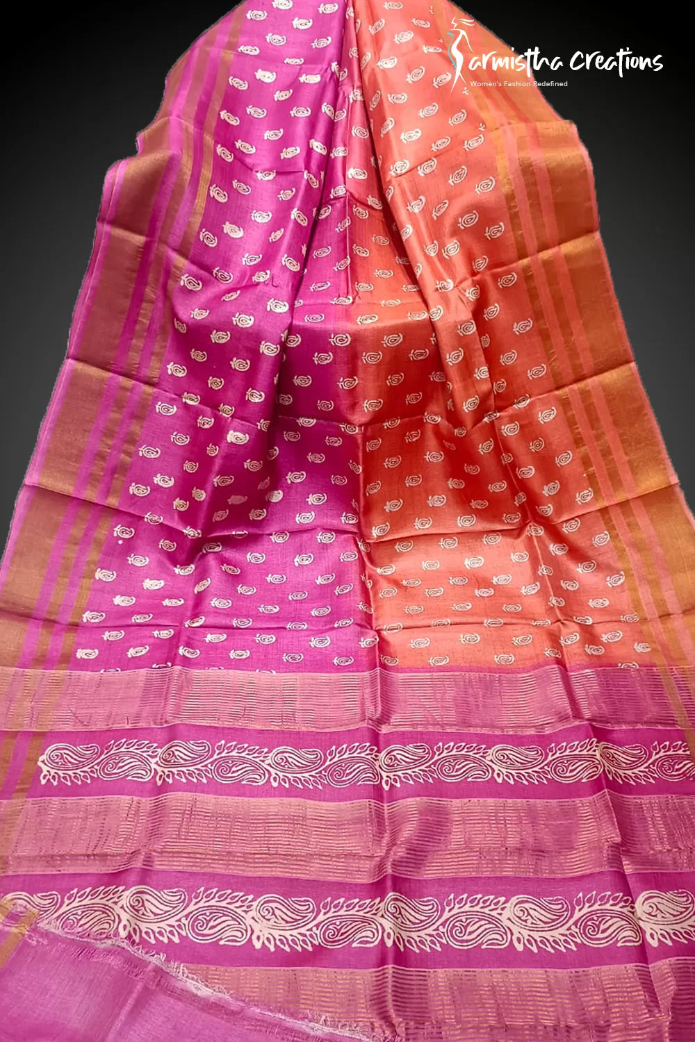 Zari Border Pure Desi Tussar Silk Saree With Hand-Block Printing dtzbhbp-030 image 0