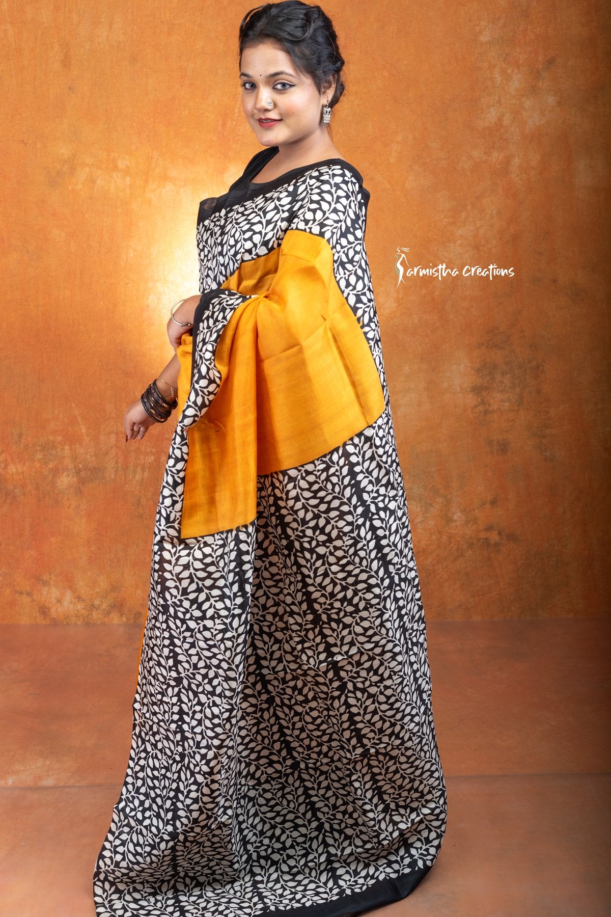 Golden Hue – Hand-Block Printed Murshidabad Silk Saree | hbpms-023 image 0