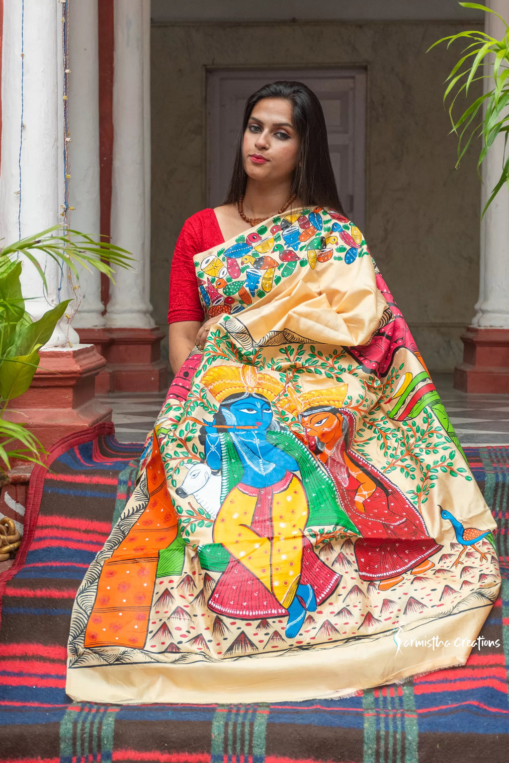 Chitralekha Pure Silk Mark Certified Hand-Painted Tussar Sarees in Radha Krishna Motifs image 0