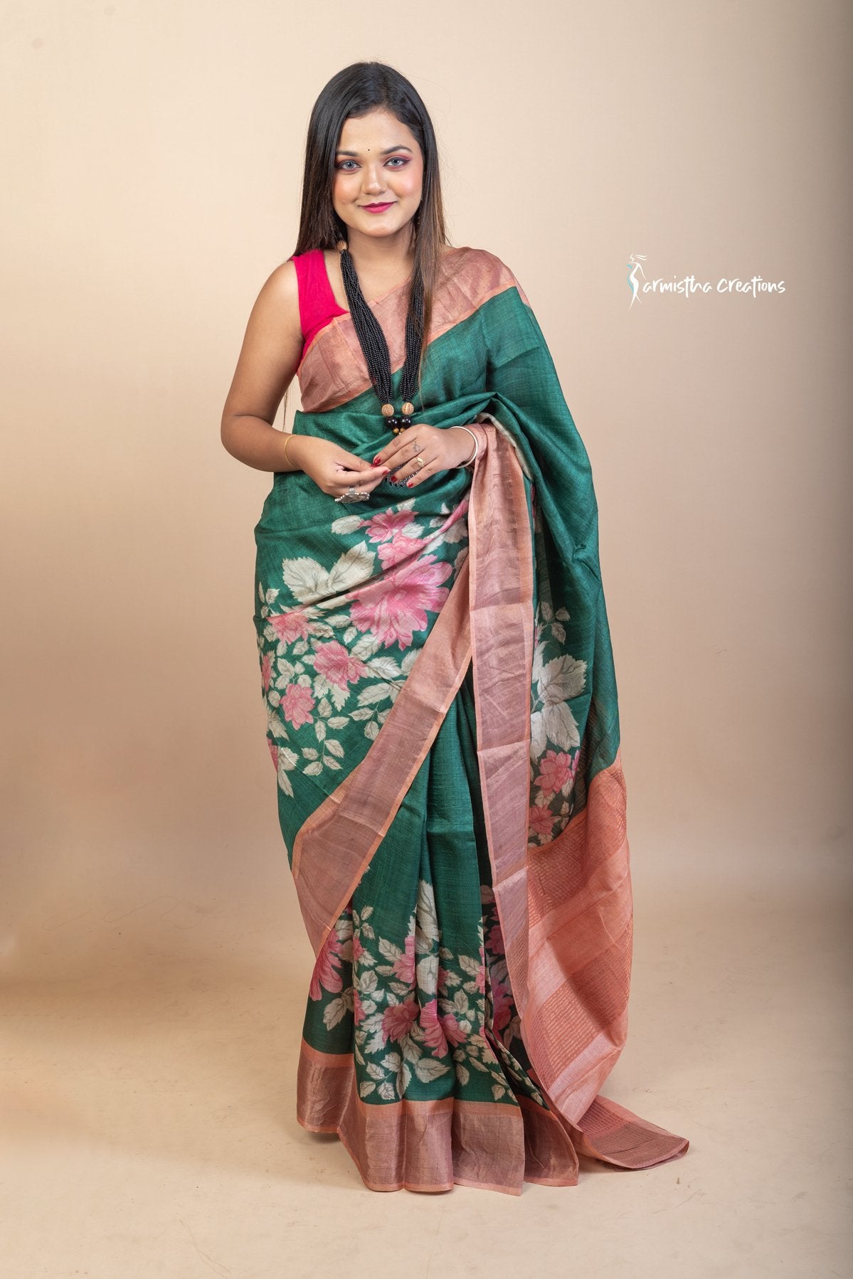 Forest Bloom – Zari Border Tussar Saree with Hand Block Prints | dtzbhbp-091 image 0